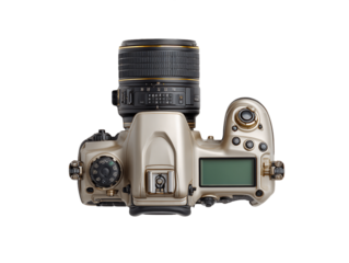 Gold And Black Professional DSLR Camera Isolated On Transparent Background, PNG