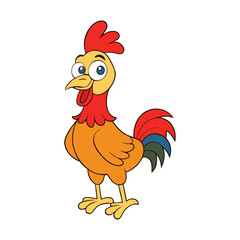 A cheerful cartoon rooster with bright feathers, a bold red comb, and a lively stance, often symbolizing energy, dawn, and farm life in a fun, playful style.
