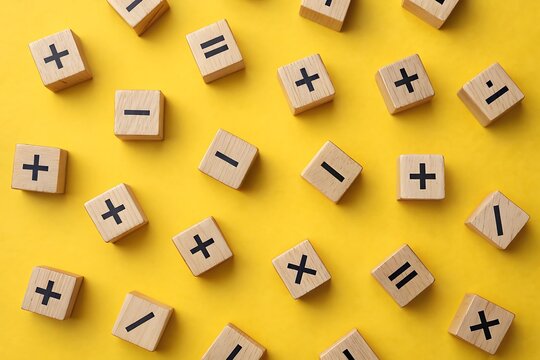 Collection of wooden blocks with mathematical symbols arranged on a yellow background mathematics sign