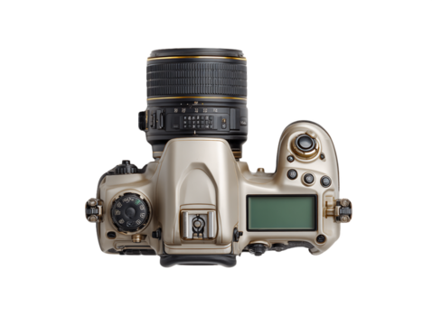 Gold And Black Professional DSLR Camera Isolated On Transparent Background, PNG - Powered by Adobe