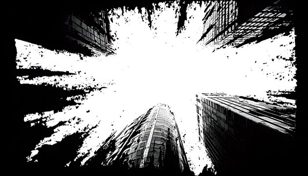 Low Angle View of Modern City Skyscrapers Framed by Abstract Black and White Grunge Paint Splashes - Powered by Adobe