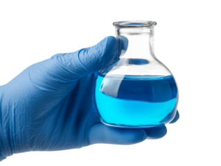 Hand in Blue Glove Holding Flask with Transparent Background, PNG