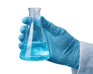 Hand in Blue Glove Holding Erlenmeyer Flask With Light Blue Liquid, PNG