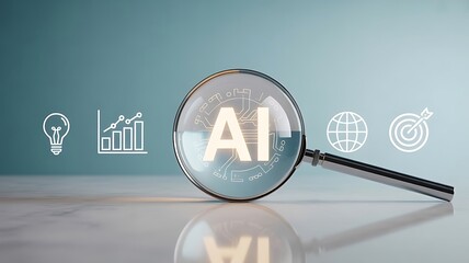 Magnifying glass on A I with business icons artificial intelligence