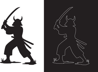 Silhouette of Samurai Warrior with Katana Sword Vector Illustration
