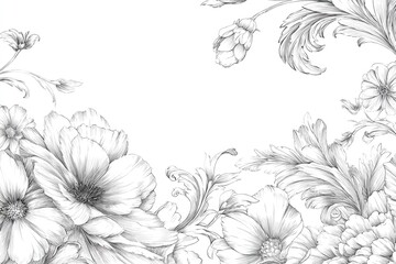 Obraz premium Detailed black and white floral design with elaborate ornamental elements arranged in a frame around a blank center space.