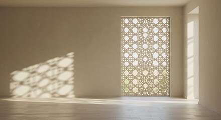 Empty square room with Islamic window with traditional pattern on the wall