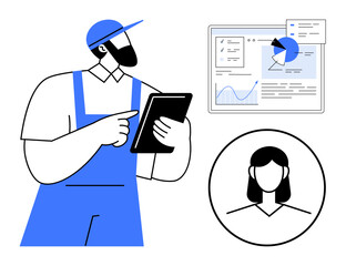Worker in uniform holding tablet while analyzing digital graphs and profile on screen. Ideal for technology, teamwork, productivity, analytics, workforce management, digital transformation