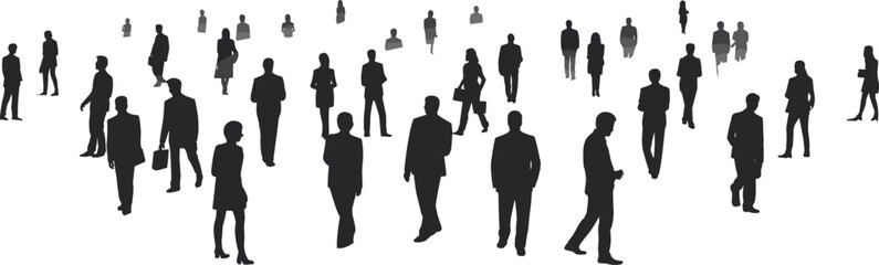 Business people silhouette, crowd of professionals, walking individuals, corporate team concept, group of workers, modern workplace scene, professional community