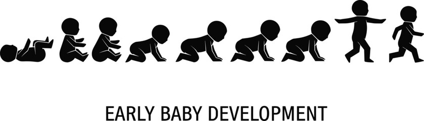 Early baby development stages, infant crawling progression, toddler walking milestone, newborn growth illustration, child learning to move, human development chart, childhood progress steps