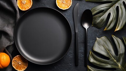 Elegant place setting with black plate, utensils, orange slices and monstera