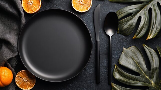 Elegant place setting with black plate, utensils, orange slices and monstera