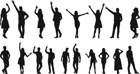 Silhouette people, man and woman poses, body posture, standing figures, fashion outline, model shadow, gesture signs, stylish human silhouettes, vector illustration