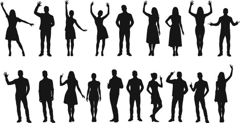 Silhouette people, man and woman standing, vector illustration, shadow figure, fashion model, body posture, stylish pose, human outline, gesture art