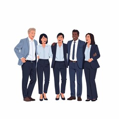 Obraz premium A diverse group of five business professionals, arms around each other, smiling against a white background.