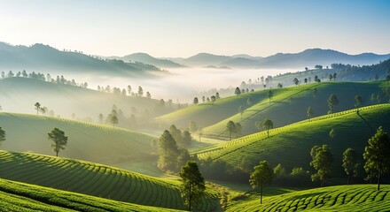 Fototapeta premium Misty Green Rolling Hills Tea Plantation Sunrise