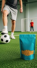 Fototapeta premium Healthy Snack for Athletes at Soccer Field, Protein Snacks, Athlete with Soccer Ball on Artificial Turf with Blue Protein Snack