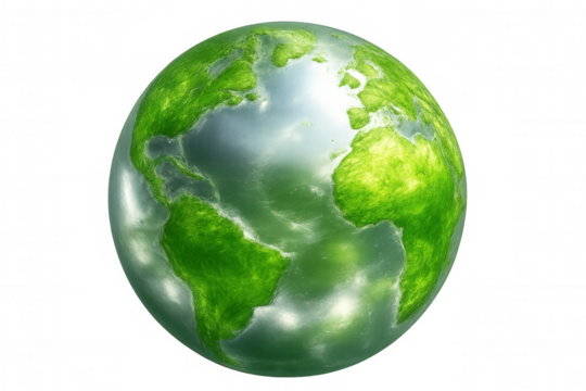 Verdant continents shaping rotating global sphere against transparent backdrop, symbolizing environmental conservation and planetary ecosystem balance
