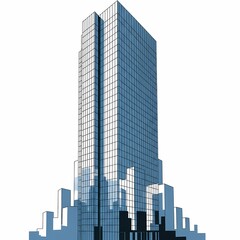 Fototapeta premium Modern skyscraper with glass facade and surrounding city skyline, depicted in a stylized, architectural rendering.