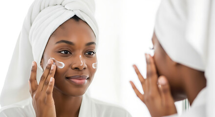 Woman with towel on head applying face cream in front of mirror for skincare routine at home spa day