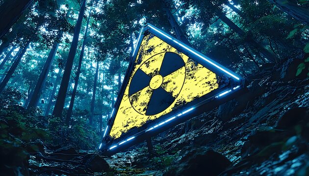 Glowing Radioactive Warning Sign in a Dark, Mysterious Forest Setting