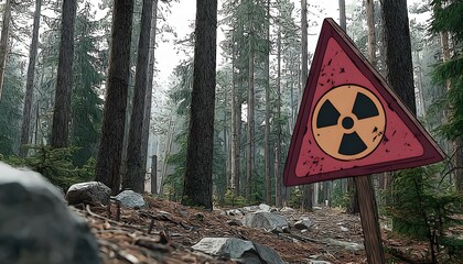 Radiation Warning Sign in a Stylized Forest - Environmental Danger Concept