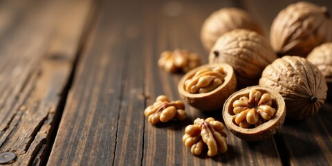 Obraz premium Close-up view of shelled and unshelled walnuts arranged on a rustic wooden surface