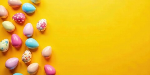 Brightly colored eggs scattered on a sunny yellow background, perfect for springtime celebrations and festive designs