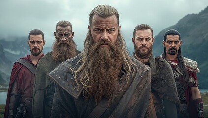 Fototapeta premium A group of Viking warriors featuring stern expressions stand together within rugged mountain scenery under misty skies, wearing traditional armor and cloaks in the dramatic setting