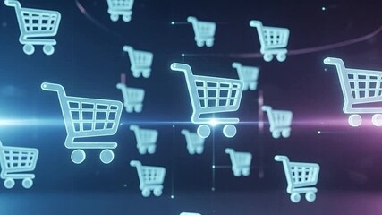Dynamic digital shopping carts stream across a glowing futuristic interface, representing e-commerce growth and online retail. - Powered by Adobe