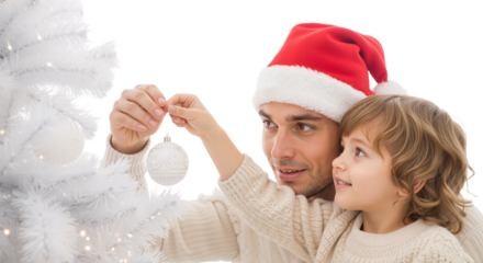 Creating cherished holiday memories A loving father and his adorable son joyfully adorn a pristine white Christmas tree