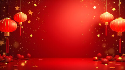 Festive chinese new year background with lanterns and sparkling golden stars