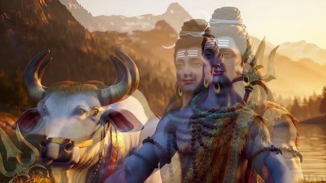 Harmonious Divine Presence Lord Shiva Meditating with Sacred Nandi in a Tranquil Mountain Landscape