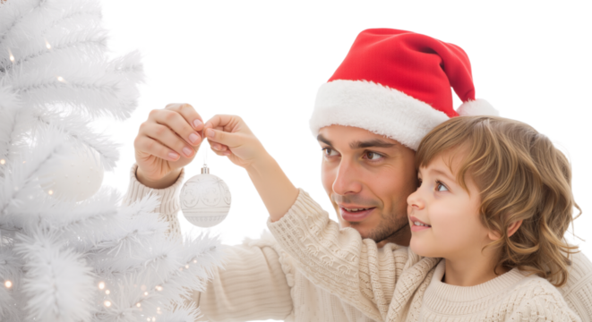 Creating cherished holiday memories A loving father and his adorable son joyfully adorn a pristine white Christmas tree