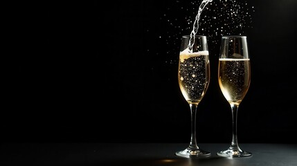 Elegant champagne flutes filled to the brim, sparkling effervescence cascading, against a dark backdrop.
