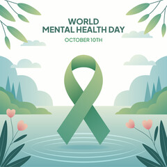 World Mental Health Day October 10th with green ribbon lake flower plants hills on nature view background