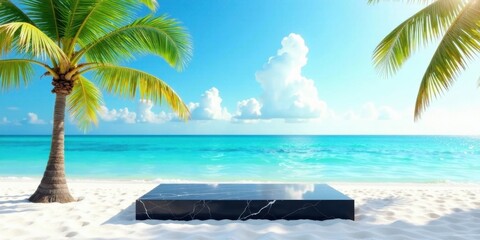 Fototapeta premium Serene Beach Paradise Polished Black Marble Display Platform on Pristine White Sand with Lush Palm Trees and Turquoise Ocean