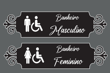 Placa para Banheiros Masculino e Feminino com Moldura. Cor de Fundo Preto com Detalhes em Branco.