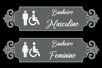 Placa para Banheiros Masculino e Feminino com Moldura. Cor de Fundo Cinza com Detalhes em Branco.