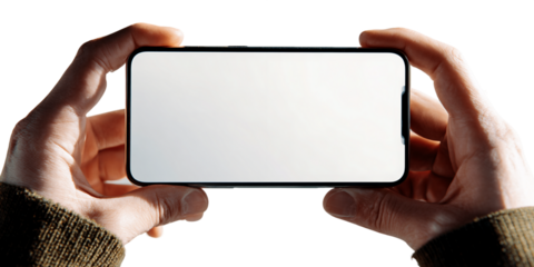 Two Hands Holding A Smartphone With A Blank White Screen Against A Transparent Background, PNG