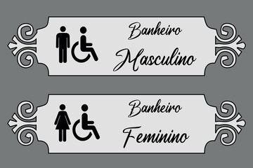 Placa para Banheiros Masculino e Feminino com Moldura. Cor de Fundo Cinza Claro com Detalhes em Preto.