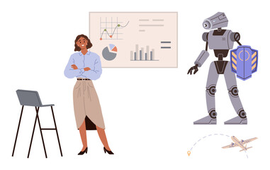 Woman stands by chair and charts showing data analysis, robot with shield, and airplane tracking route. Ideal for innovation, AI, teamwork, leadership, technology progress business ideas. Simple