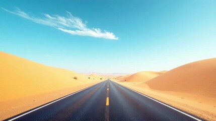 Asphalt ribbon cutting through endless dunes under a vibrant, cloud-streaked sky, a journey of discovery awaits