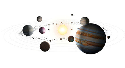 An illustration of a solar system with planets asteroids and a bright sun on a white background
