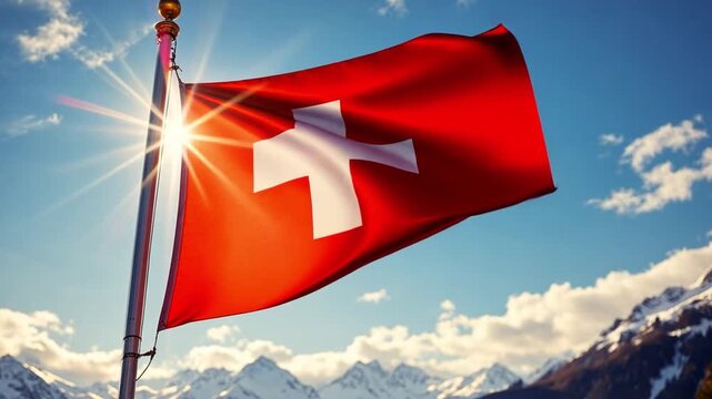 Switzerland flag on flagpole waving 4k footage