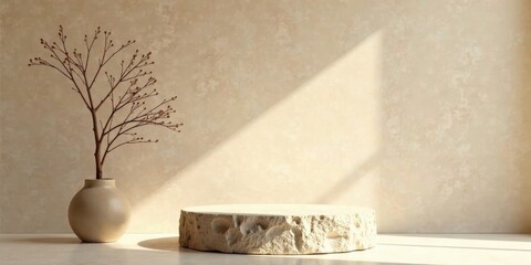 Serene Minimalist Display Featuring a Textured Stone Pedestal and Dried Floral Arrangement in a Ceramic Vase Against a Neutral Backdrop