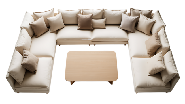 Spacious U-Shaped Sectional Sofa with Plush Cushions and Modern Coffee Table Ideal for Large Living Areas