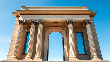 Classical architectural doorway with elegant columns under a clear blue sky, embodying timeless sophistication.