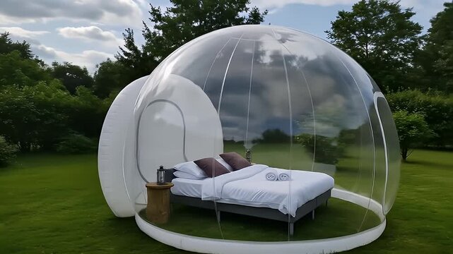 Transparent Bubble Tent Accommodation Featuring Bed With Pillows And Linen Against Greenery Landscape Daytime