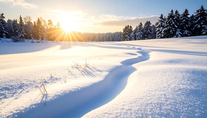 Winter sunset with snowy field, and forest.